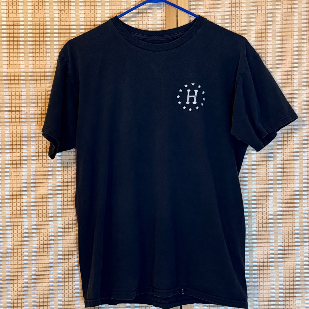 HUF Mens Graphic‎ T-Shirt Black Short Sleeve American Flag Tongue Lips Size M